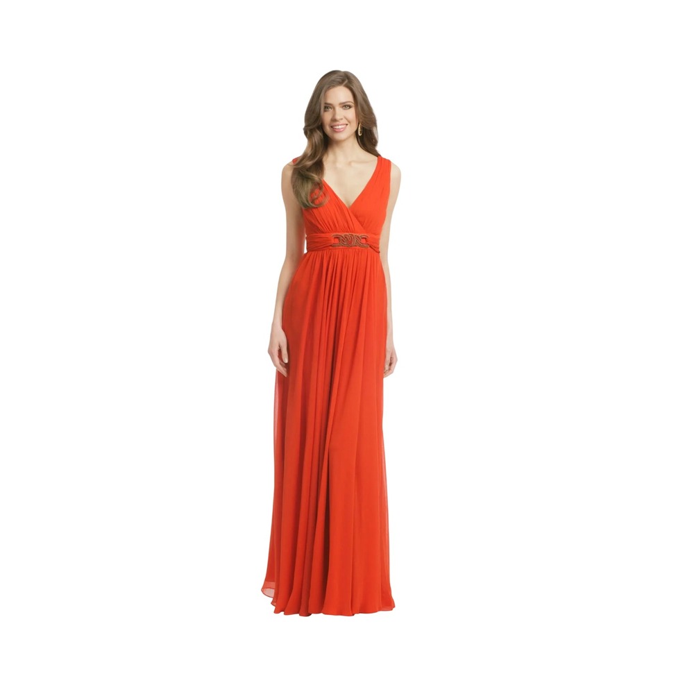 Badgley Mischka Collection Coral Beaded Chiffon V-Neck Gown Dress Size 16